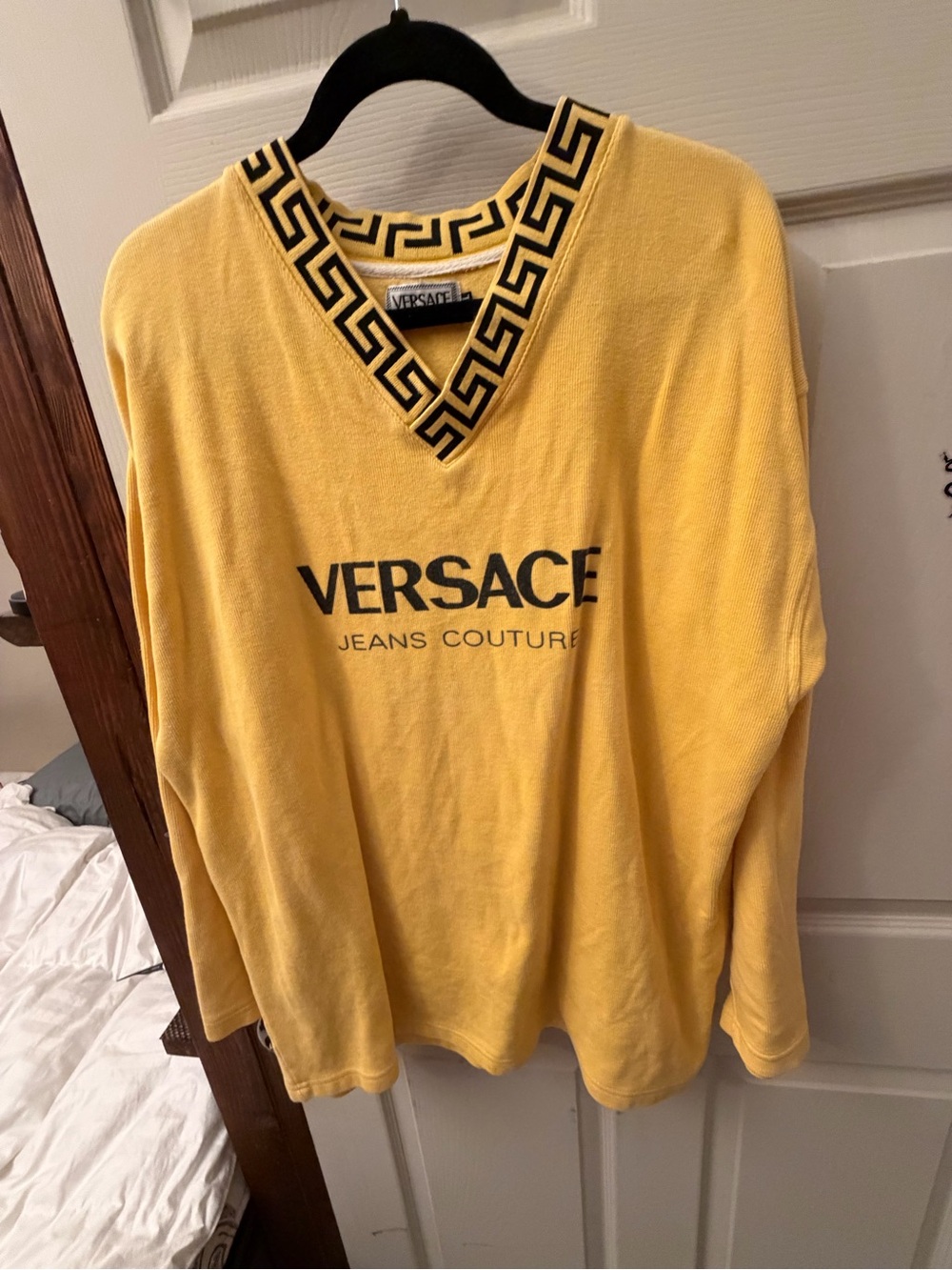 Versace Yellow V-Neck Sweater with Black Greek Key Trim